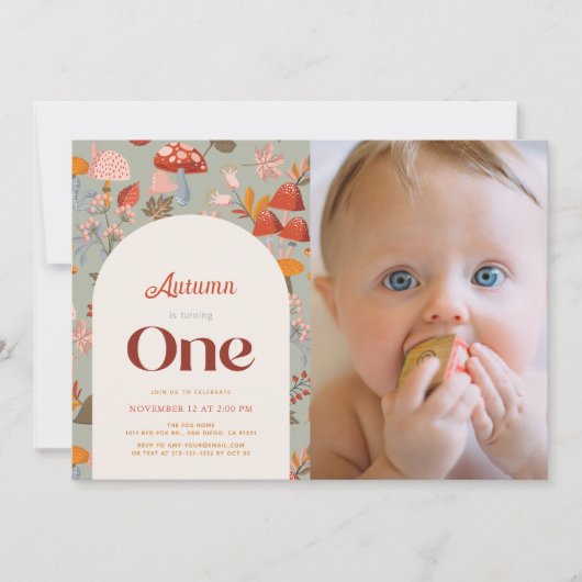 Herfst Mushroom Wildflower 1e Verjaardag Sage Foto Kaart (Voorkant)