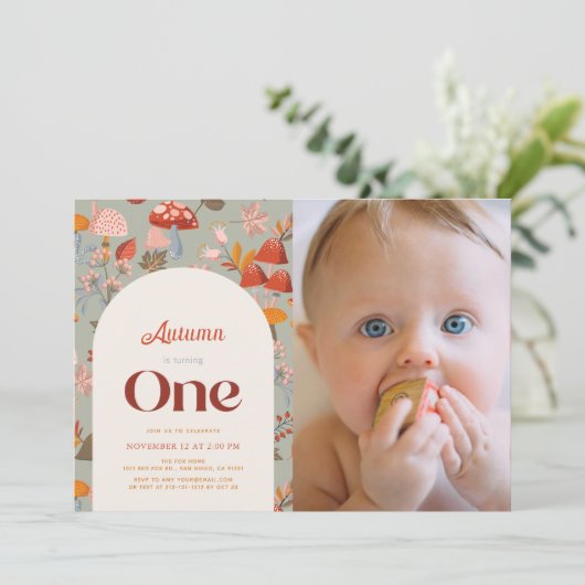 Herfst Mushroom Wildflower 1e Verjaardag Sage Foto Kaart (Staand voorkant)