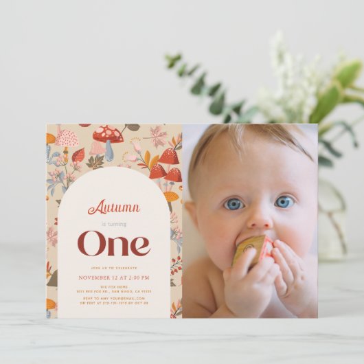 Herfst Mushroom Wildflower 1e Verjaardag Tan Foto Kaart (Staand voorkant)