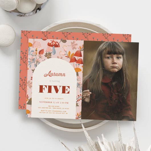 Herfst Mushroom Wildflower Verjaardag Roze Foto Kaart