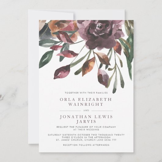 Herfst Mutted Paarse Waterverf Floral Wedding Kaart (Voorkant)