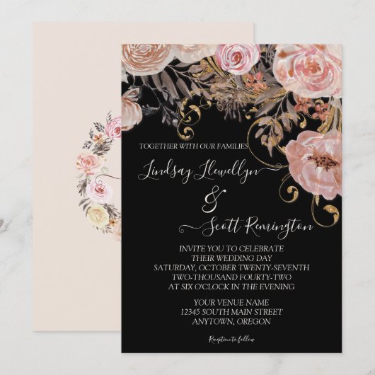 Herfst  Mutted Waterverf Floral Roos Gold Wedding Kaart (Voorkant / Achterkant)