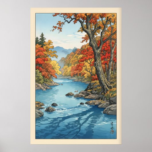 Herfst Muur Kunstprint Rivier Landschap met Vallei Poster (Voorkant)