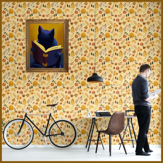 Herfst Naadloos Patroon Pompoen & Herfstbladeren Behang (Autumn Seamless Pattern Pumpkin & Fall Leaves Wallpaper Beige color,cute orange pumpkin, fall/autumn)