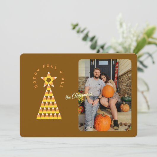 Herfst naar kerstfotokaart - Candy Corn Tree Kaart (Staand voorkant)