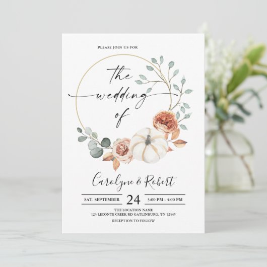 Herfst najaar Pumpkin Floral Wedding Uitnodiging (Staand voorkant)