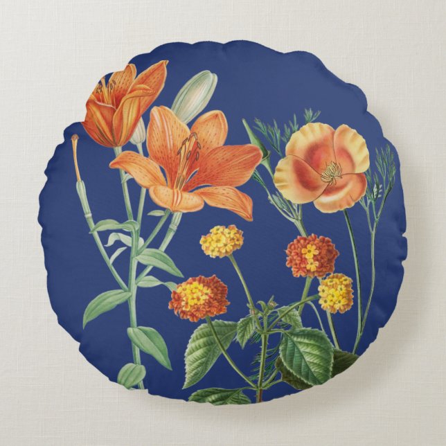 Herfst najaar Waterverf Sinaasappel Floral Blue Rond Kussen (Voorkant)