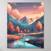Herfst Natuur Landschap Rivier Berg En Bomen Poster (Voorkant)