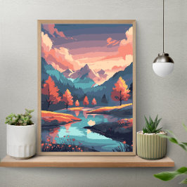 Herfst Natuur Landschap Rivier Berg En Bomen Poster