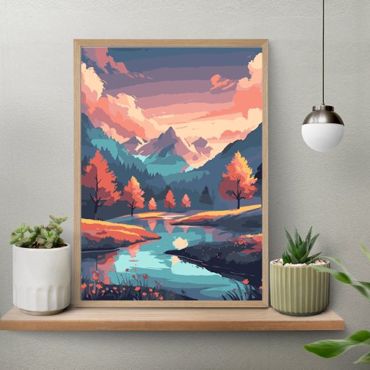Herfst Natuur Landschap Rivier Berg En Bomen Poster
