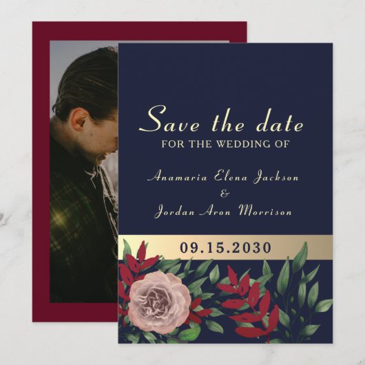 Herfst Navy Burgundy Bloemige Bruiloft Save The Date (Voorkant / Achterkant)