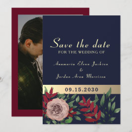 Herfst Navy Burgundy Bloemige Bruiloft Save The Date