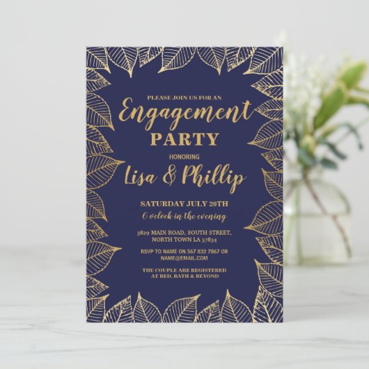 Herfst Navy Gold Leaves Invitation Kaart (Staand voorkant)