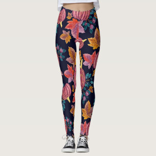 Herfst Navy Pumpkin laat Waterverf patroon voorbij Leggings