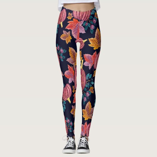 Herfst Navy Pumpkin laat Waterverf patroon voorbij Leggings (Voorkant)