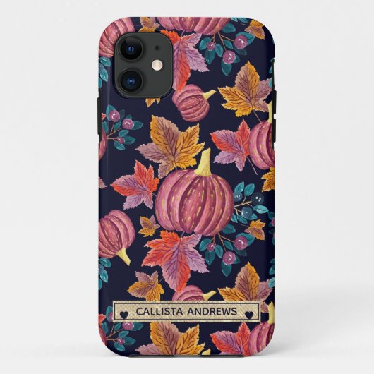Herfst Navy Pumpkin - Monogram Waterverf Case-Mate iPhone Case (Achterkant)
