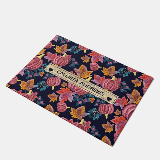 Herfst Navy Pumpkin - Monogram Waterverf Deurmat (Schuin)