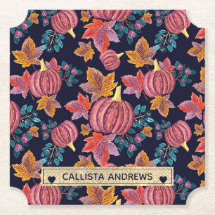 Herfst Navy Pumpkin - Monogram Waterverf Kartonnen Onderzetters