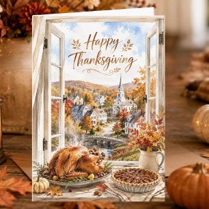 Herfst New England-dorp Gelukkig Thanksgiving Feestdagen Kaart