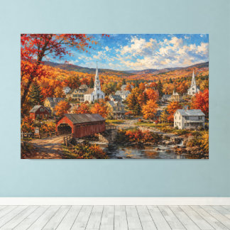 Herfst New England Dorpsschildering Canvas Afdruk