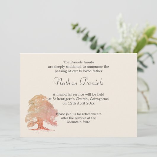 Herfst Oak Tree Funeral Announcement Kaart (Staand voorkant)