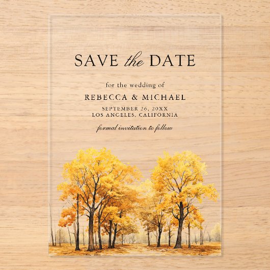 Herfst Oak Trees Wedding Save the Date Acryl Uitnodigingen (Voorkant)