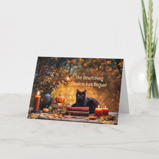 Herfst of Herfst Equinox Schattigee Zwarte Kat Kaart (Voorkant)