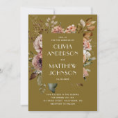 Herfst olijfgroene bloemenbruiloft QR-code details Kaart (Voorkant)