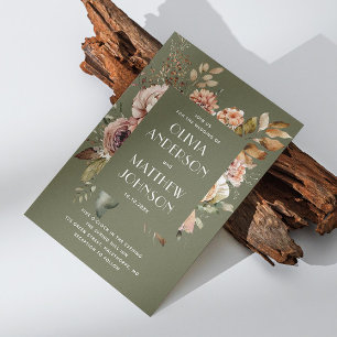 Herfst olijfgroene bloemenbruiloft QR-code details Kaart