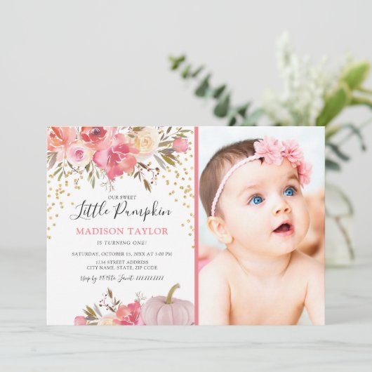 Herfst Onze kleine pompoen 1e verjaardagsfeestje Kaart (Staand voorkant)