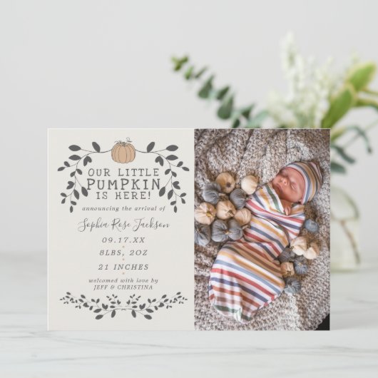 Herfst Onze kleine pompoengeboorte Baby Aankondigi (Staand voorkant)
