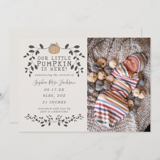 Herfst Onze kleine pompoengeboorte Baby Aankondigi (Voorkant / Achterkant)