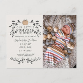 Herfst Onze kleine pompoengeboorte Baby Aankondigi Briefkaart