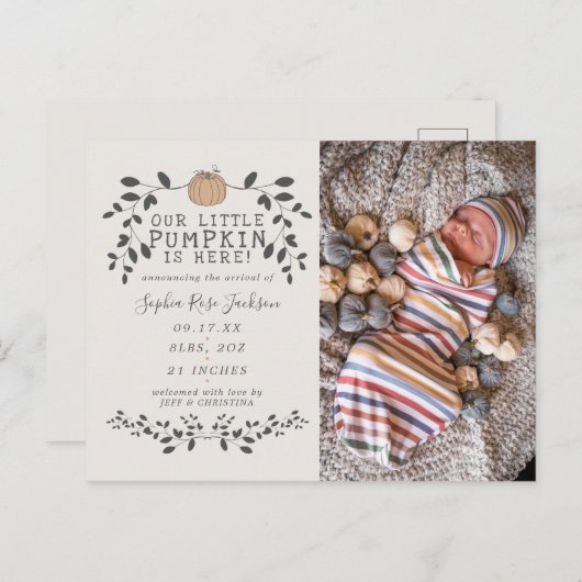 Herfst Onze kleine pompoengeboorte Baby Aankondigi Briefkaart (Voorkant / Achterkant)