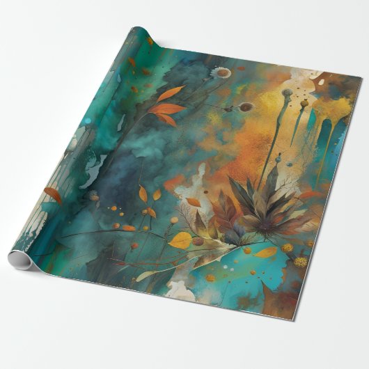 Herfst Oogst Blauwgroen Roest Goud Abstract Cadeaupapier (Uitgerold)