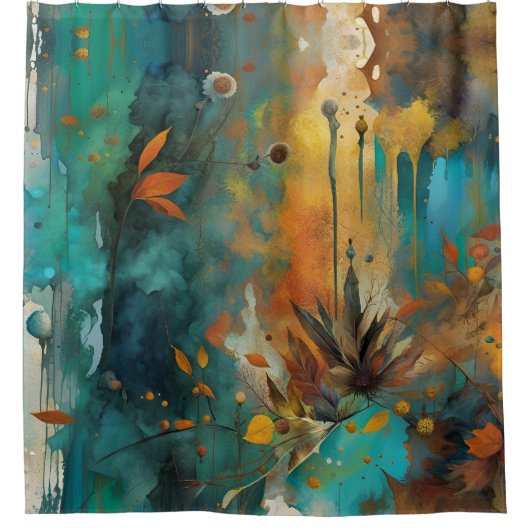 Herfst Oogst Blauwgroen Roest Goud Abstract Douchegordijn (Voorkant)