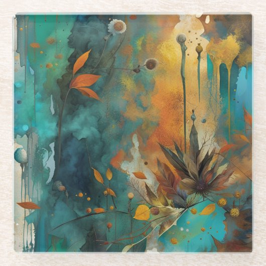 Herfst Oogst Blauwgroen Roest Goud Abstract Glazen Onderzetter (Voorkant)