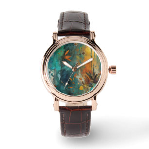 Herfst Oogst Blauwgroen Roest Goud Abstract Horloge
