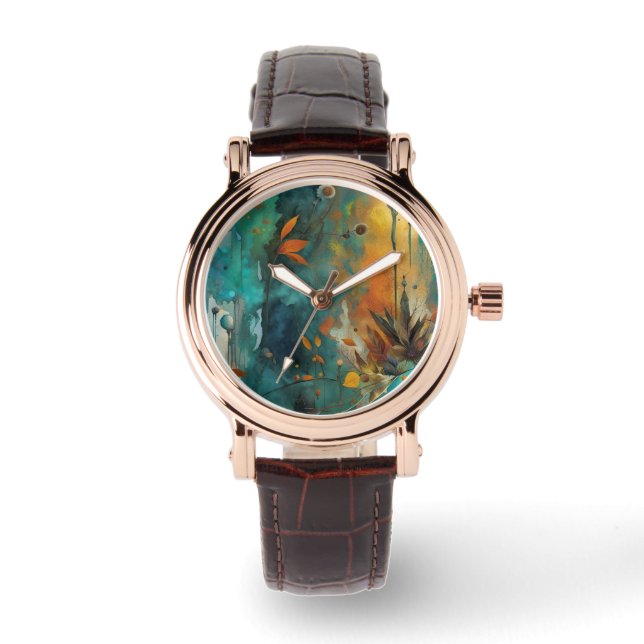 Herfst Oogst Blauwgroen Roest Goud Abstract Horloge (Voorkant)