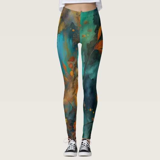 Herfst Oogst Blauwgroen Roest Goud Abstract Leggings (Voorkant)