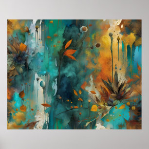 Herfst Oogst Blauwgroen Roest Goud Abstract Poster