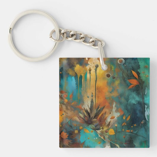 Herfst Oogst Blauwgroen Roest Goud Abstract Sleutelhanger (Voorkant)