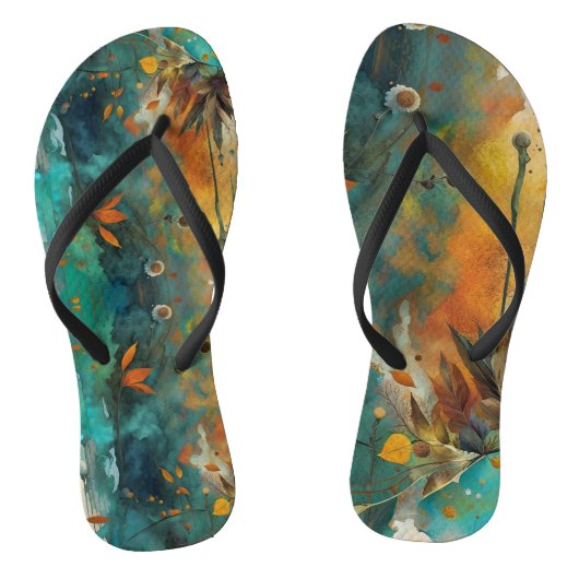 Herfst Oogst Blauwgroen Roest Goud Abstract Teenslippers (Voetbed)