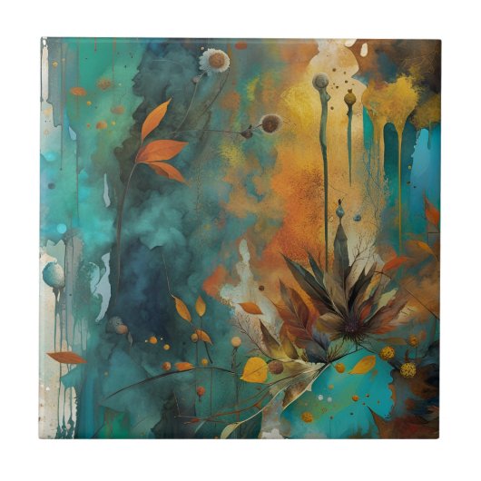 Herfst Oogst Blauwgroen Roest Goud Abstract Tegeltje (Voorkant)