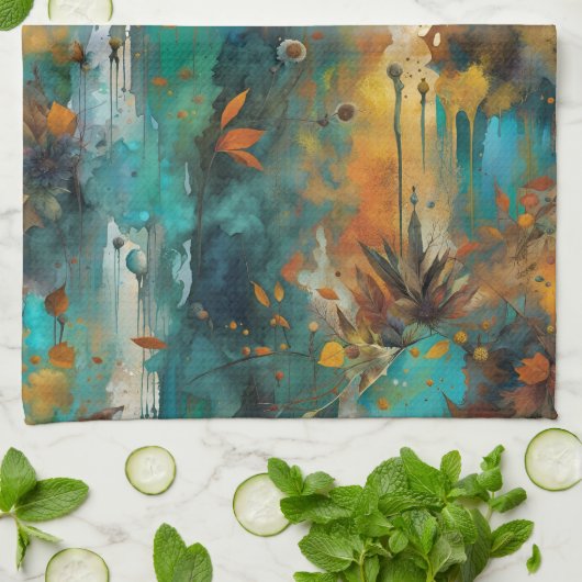 Herfst Oogst Blauwgroen Roest Goud Abstract Theedoek (Gevouwen)