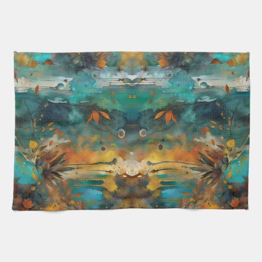 Herfst Oogst Blauwgroen Roest Goud Abstract Theedoek (Horizontaal)