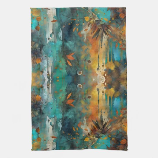 Herfst Oogst Blauwgroen Roest Goud Abstract Theedoek (Verticaal)