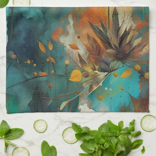 Herfst Oogst Blauwgroen Roest Goud Abstract Theedoek (Gevouwen)