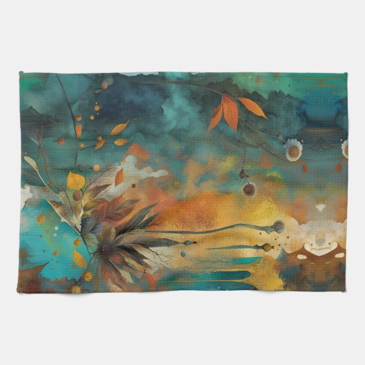 Herfst Oogst Blauwgroen Roest Goud Abstract Theedoek (Horizontaal)