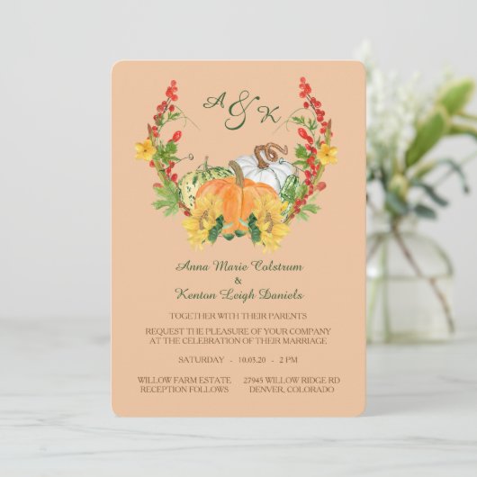 Herfst Oogst Bloemen Krans Monogram Huwelijk Kaart (Staand voorkant)